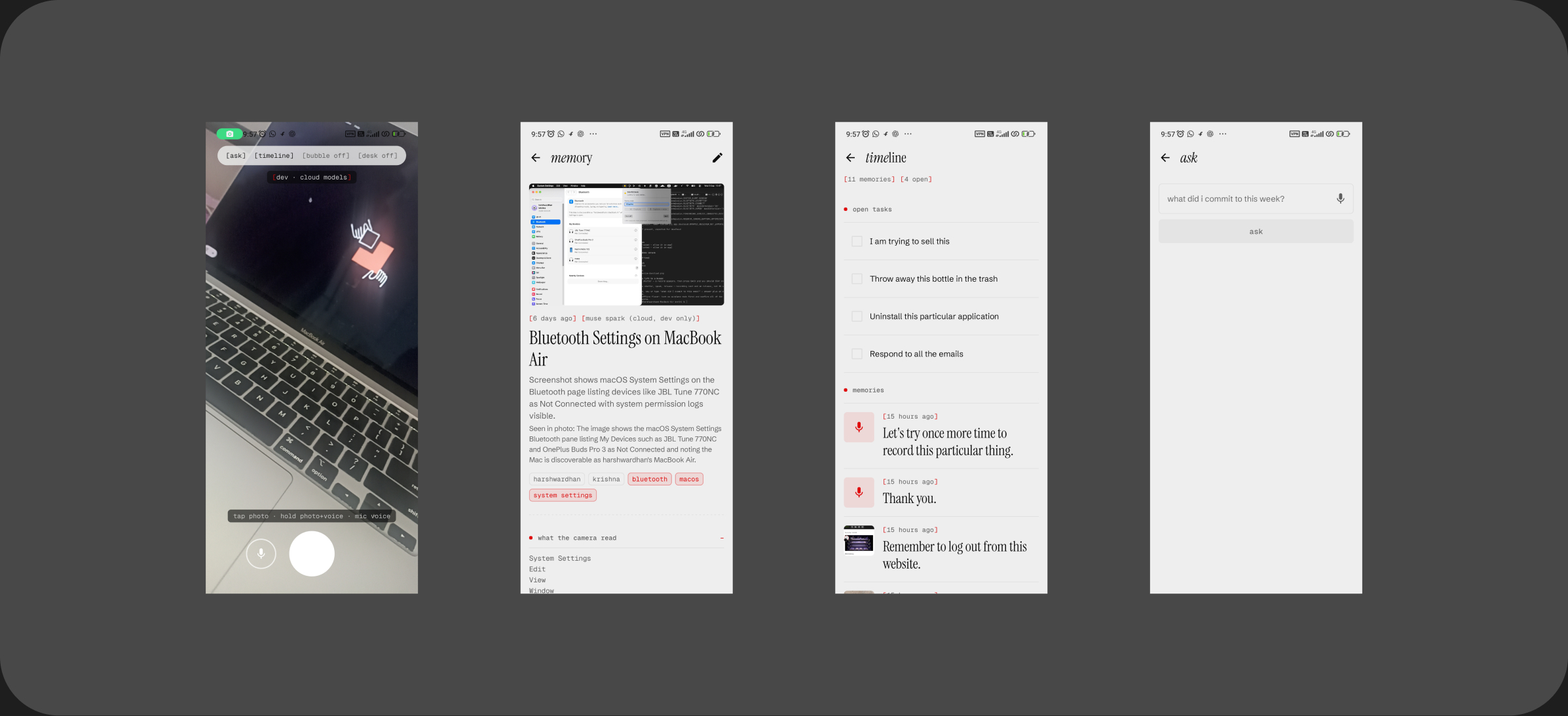 Smriti running on a phone, four screenshots