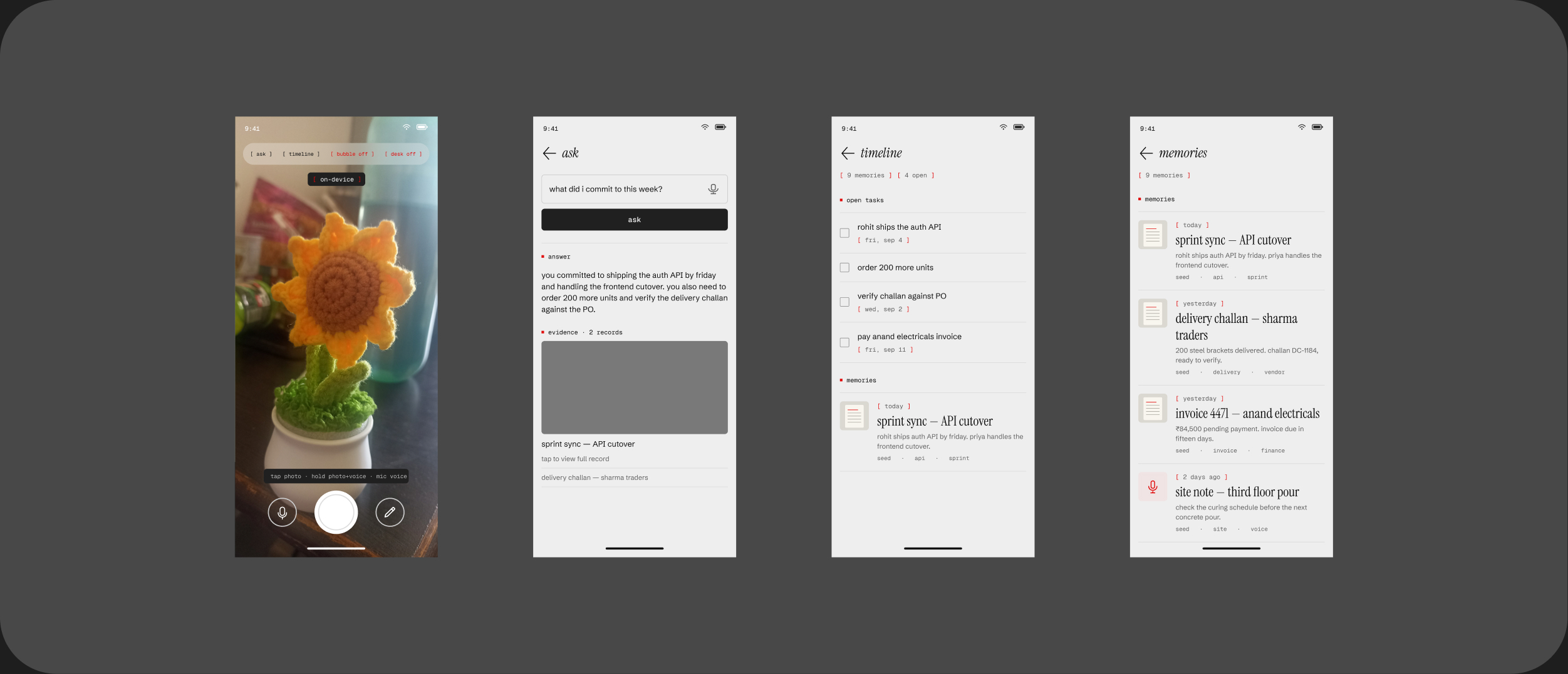 Smriti screens: capture, ask, timeline, memories